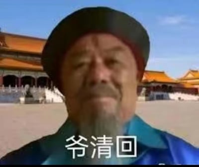 这是一张二次创作的戏谑表情包，画面主体是一位身着清代官服、留着灰白长胡须的老者，背景为北京故宫的宫殿广场。图中下方配有文字“爷清回”，是网络热词“爷青回（爷的青春回来了）”的谐音改编，将“青春”替换为“清朝”，用来玩梗式地表达对清代风格内容的调侃，或是以夸张的方式“怀念”旧时代，整体氛围充满戏谑搞笑感。