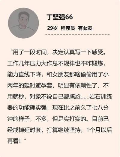 这是一张展示程序员丁坚强66个人感受的图文内容。图片左侧是丁坚强66的卡通头像，右侧是他的个人信息：29岁，程序员，有女友。下方是他的一段个人感受分享，内容提到因工作压力大、作息不规律、缺乏锻炼导致能力下降，曾使用延时避孕套两年并产生依赖性，后使用岩石训练器后情况有所改善，目前已戒掉延时套并打算继续坚持使用训练器。
