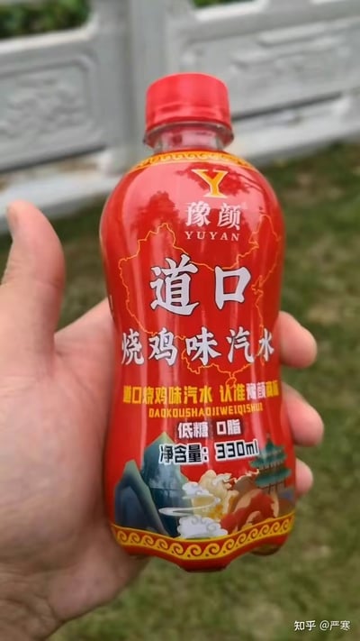 一只手握着一瓶红色的豫颜牌道口烧鸡味汽水，瓶身印有“道口烧鸡味汽水”“低糖 口脂”“净含量330ml”等字样，背景为户外草地和白色栏杆，右下角有水印“知乎@严寒”。这是一款口味独特的地方特色饮料，将传统烧鸡风味与汽水结合，视觉上具有较强的地方文化元素。