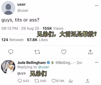 这是一张推特（X平台）的截图梗图，上方是匿名用户发布的提问：“guys, tits or ass?”，被翻译成中文“兄弟们，大雷还是擊鼓？”，其中使用了谐音梗：“大雷”指代女性胸部，“擊鼓”谐音指代臀部，对应原句的两个低俗选项。下方是英格兰足球运动员、现效力于皇家马德里的裘德·贝林厄姆的回复，仅重复了提问开头的“guys”，中文翻译为“兄弟们”，没有对两个选项做出选择，用这种巧妙的回避方式制造了搞笑效果，引发网友趣味讨论。