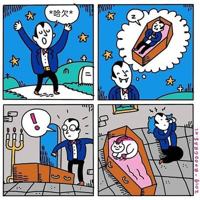 这是一幅四格幽默漫画：第一格，夜晚的墓地中，身着蓝色礼服的吸血鬼伸着懒腰打哈欠，看起来十分困倦；第二格，他露出向往的表情，脑海里想着回到自己的棺材里美美睡一觉；第三格，他回到自己的住处，打开门后惊讶地发现棺材里有异样，发出惊叹；第四格，他发现自己的棺材被一只粉白相间的猫咪占据了，只能无奈地蜷缩在一旁，用枕头捂着眼睛，看起来十分委屈。