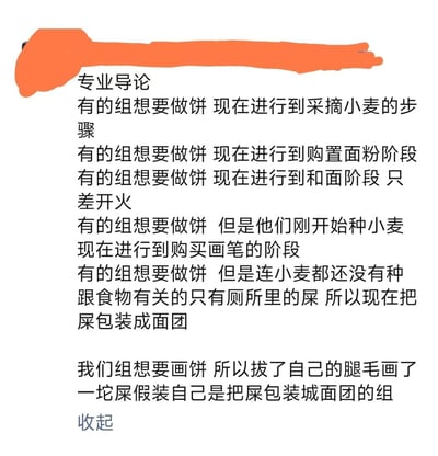 图片以“专业导论”为主题，用幽默讽刺的方式描述了不同小组“做饼”的进度差异：有的组在采摘小麦，有的购置面粉，有的和面待开火，有的刚开始种小麦，有的买画笔，有的甚至包装屎为面团，而“我们组”则用腿毛画屎假装是包装面团的组。整体风格诙谐，反映了小组作业中进度不一的搞笑现状。