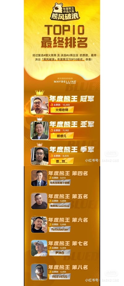 这是一张「熊风破浪」年度熊王评选大会的最终排名竖版长图，整体采用暖金色调背景，风格正式且具有氛围感。图中公示了经过复选#猎火熊熊及决选#U熊出没的票数统计后，选出的年度熊王TOP10排名，依次展示了冠军到第八名的选手头像、昵称与总票数：冠军为大猫老师（13469票），亚军熊睿儿（11162票），季军墨_羽_（8935票），后续还列出了第四名至第八名的选手信息。活动合作伙伴为美宝莲纽约，图片带有小红书平台的水印，用于在社交平台传播活动结果。