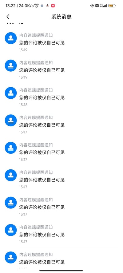 这是一张手机系统消息界面的截图，在13:17至13:19的短短几分钟内，用户收到了9条完全相同的「内容违规提醒通知」，每条通知的内容均为“您的评论被仅自己可见”，密集的重复通知直观呈现出用户发布的多条评论因违反平台规范被限制可见范围的状况，传递出一种无奈、烦躁的情绪，图中没有双关、谐音梗或暗示类内容。