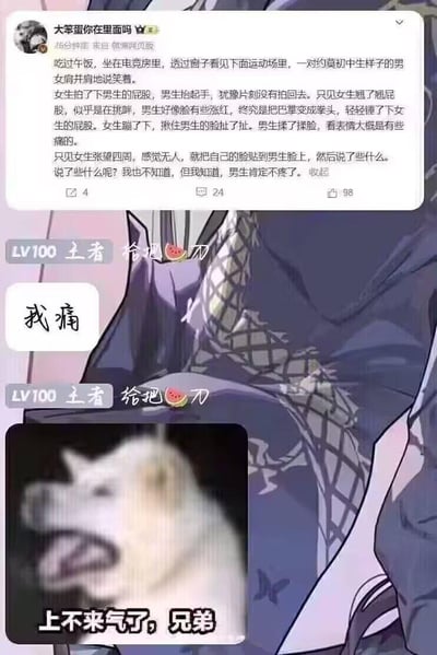 这是一张拼接的搞笑梗图，上方是微博用户发布的动态，博主讲述自己在电竞房窗边看到一对初中生模样的小情侣打打闹闹的甜蜜互动：女生拍男生屁股，男生红着脸用拳头轻锤女生屁股，女生又扯男生的脸，最后女生凑到男生脸边说话，博主感慨男生肯定不疼了。下方是网友的回应，先发送文字“我痛”，接着配了一张狗狗大喘气的表情包，配文“上不来气了，兄弟”，用夸张的方式表达被情侣秀恩爱后的酸溜溜、胸闷难受的情绪，没有双关或谐音梗，纯靠反差感和表情包放大被秀恩爱的无奈感。