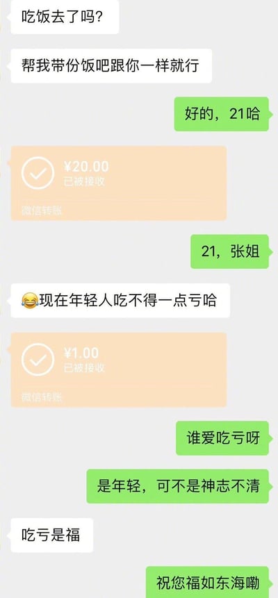这是一张竖屏的微信聊天记录截图，对话发生在张姐和一位年轻人之间：张姐委托年轻人帮忙带同款饭，年轻人告知饭钱21元后，张姐先转账20元，年轻人提醒后张姐补转1元并调侃年轻人“吃不得一点亏”，年轻人回怼“谁爱吃亏呀”“是年轻，可不是神志不清”，当张姐说出“吃亏是福”的说教式话语时，年轻人用“祝您福如东海嘞”的反讽话术回应，巧妙拒绝吃亏，整个对话充满笑点，精准戳中年轻人反感“吃亏是福”道德绑架的情绪。