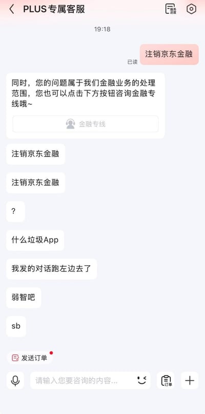 这是一张竖屏的京东APP PLUS专属客服聊天界面截图，界面顶部标注“PLUS专属客服”，首先用户发送的“注销京东金融”消息正常显示在对话右侧且标记为已读，客服回复告知该问题属于金融业务范围，引导用户点击金融专线咨询。之后用户再次发送内容时出现界面bug，原本应当显示在右侧的用户发送消息全部错误显示在左侧（与客服消息的展示位置一致），用户发现该异常后，先后发送问号、“什么垃圾App”、“我发的对话跑左边去了”、“弱智吧”、“sb”等内容表达不满情绪，界面底部保留有聊天输入框、语音输入、表情、订单、更多功能等常规聊天界面按钮。