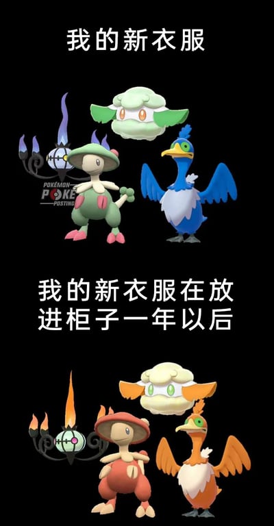 这是一张上下对比式的竖屏梗图，用《宝可梦》系列中的宝可梦形象调侃生活里的常见现象。上半部分配文“我的新衣服”，展示了四只颜色鲜亮的闪光宝可梦：蓝紫色火焰的闪光灯火幽灵、绿粉色的闪光斗笠菇、绿白配色的闪光随风球、蓝靛色的闪光鸭类宝可梦，用它们鲜亮的色彩象征刚买时崭新干净的衣服。下半部分配文“我的新衣服在放进柜子一年以后”，对应的四只宝可梦变成了颜色暗沉发黄的普通形态：橙火焰的普通灯火幽灵、红棕色的普通斗笠菇、黄白配色的普通随风球、橙棕色的普通鸭类宝可梦，用普通宝可梦偏旧黄的颜色，生动比喻衣物存放一年后发黄变旧的状态，十分贴切地戳中了人们的生活共鸣。