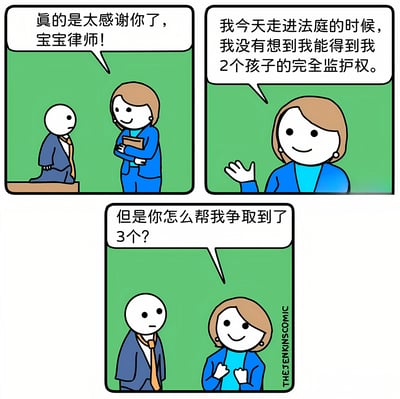 这是一幅三格漫画，描绘了一个委托人感谢律师的场景。第一格中，委托人跪在平台上对穿着蓝色西装的女律师说："真的是太感谢你了，宝宝律师！"。第二格中，律师微笑着说："我今天走进法庭的时候，我没有想到我能得到我2个孩子的完全监护权。"。第三格中，委托人疑惑地问："但是你怎么帮我争取到了3个？"。漫画通过最后一格的意外转折制造幽默效果。
