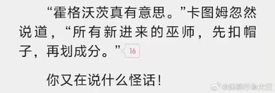 这是一张玩《哈利·波特》系列梗的搞笑纯文字图，图中角色卡图姆调侃霍格沃茨的分院仪式，将分院帽戴在头上的行为说成'扣帽子'，还戏称分院是'划成分'，用双关和语境错位制造荒诞的搞笑效果，下方还有一句'你又在说什么怪话！'来回应这个离谱的调侃。
双关说明：'扣帽子'既指霍格沃茨分院帽戴在头上的动作，又指代给人乱贴标签的行为；'划成分'则是用带有特定语境的词汇调侃分院的分类行为，形成反差笑点。