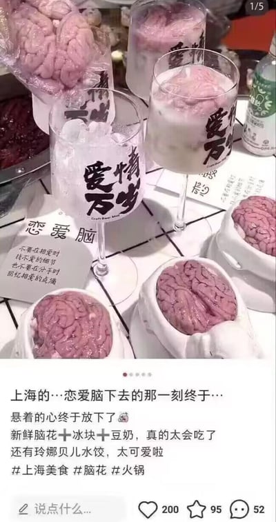 这是一张社交平台的美食分享图，主打玩“恋爱脑”的网络热梗：将脑花搭配冰块、豆奶做成创意饮品，装在印有“爱情万岁”的高脚杯里，还有单独盛放的脑花，旁边的卡片写着“恋爱脑 不要在相爱时找不爱的细节 也不要在分手时回忆相爱的点滴”，下方配文分享“上海的…恋爱脑下去的那一刻终于…悬着的心终于放下了🥹 新鲜脑花+冰块+豆奶，真的太会吃了 还有玲娜贝儿水饺，太可爱啦”，把抽象的“恋爱脑”热词具象化为实体美食，创意玩梗，趣味十足。