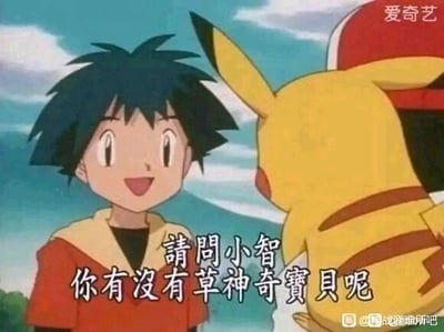 这是一张经过二次创作的《精灵宝可梦》动画截图，画面中主角小智面带愉悦的笑容，正看向面前的皮卡丘，皮卡丘背对着镜头，面向小智。画面下方被添加了字幕“请问小智，你有没有草神奇宝贝呢”，右上角带有“爱奇艺”的平台水印，右下角有“@贴吧道典吧”的水印。针对图中的问题，在《精灵宝可梦》的原作剧情里，小智曾拥有妙蛙种子、蜥蜴王、土台龟、藤藤蛇等多款草系宝可梦。