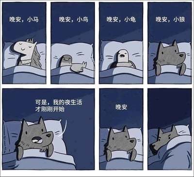 这是一幅由六格组成的卡通连环漫画，以夜晚为背景展开叙事。前四格依次呈现小马、小鸟、小龟、小狼躺在床上准备入睡的场景，旁白分别对它们道晚安，四个小动物都呈现出放松、准备入眠的状态。第五格中，小狼突然睁眼，兴奋地表示“可是，我的夜生活才刚刚开始”，表现出想要开启夜间活动的意愿。第六格分为两小格，先是小狼独自说出“晚安”，紧接着画面就变成小狼把自己紧紧裹在被子里，已经进入睡眠状态，形成了强烈的反差感，用幽默的方式调侃了当代人想要熬夜却又缺乏精力、迅速妥协的真实日常状态。