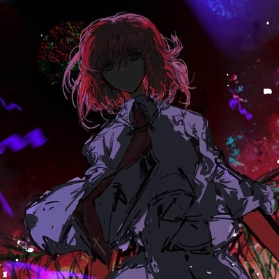 插画中是一位红发少女，她有着凌乱的短发和冷静的眼神，嘴角微微上扬。少女穿着一件半开的白色衬衫，领口处系着红色领带，整体造型带有一丝慵懒与神秘。背景是充满动感的夜场氛围，紫色和红色的灯光交织，隐约可见类似迪斯科球的光影效果，营造出强烈的视觉冲击力和氛围感。