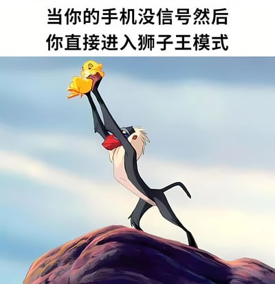 图片上方配有文字“当你的手机没信号然后你直接进入狮子王模式”，下方是迪士尼动画电影《狮子王》的经典场景截图：山魈拉飞奇站在荣耀石顶端，双手高举幼年辛巴，背景是蓝天白云。通过将手机没信号时人们常高举手机寻找信号的动作，幽默类比为《狮子王》中拉飞奇向众动物展示未来国王辛巴的经典画面，形成趣味联想。