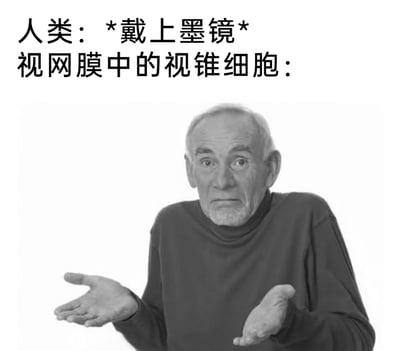 这是一张拟人化的生物科普梗图，采用图文混排的黑白形式呈现。上方分为两行文字，第一行标注“人类：*戴上墨镜*”，第二行标注“视网膜中的视锥细胞：”，下方搭配一位白发老人的真人图像，老人眉头微皱、嘴角下撇，双手摊开掌心向上，呈现出困惑、无奈的神态。该图通过拟人化的手法，生动调侃了人类戴上墨镜后，视锥细胞因进入眼睛的光线减少、色彩感知受影响而出现的“迷茫”状态，将抽象的生物反应转化为直观的人类表情动作，便于理解且充满趣味性。