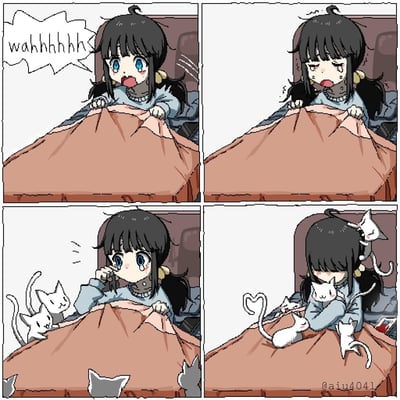 这是一组像素风格的四格治愈系漫画：第一格中，扎双马尾的蓝眼女孩坐在床上，抓着被子崩溃大哭，喊出“wahhhhhh”；第二格女孩哭到睁不开眼，情绪低落；第三格女孩还在擦眼泪，几只白色猫咪已经围到她的床边；第四格女孩被一群猫咪完全包围，猫咪们趴在她身上、蹭着她，用各种方式安抚她，女孩也平静下来，画面十分温馨治愈。作品没有双关、谐音梗，单纯展现猫咪治愈难过之人的暖心日常。