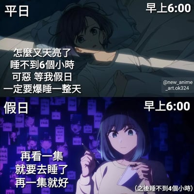 这是一张上下对比的动漫风格梗图，通过两个场景展现了人们工作日与假日的睡眠矛盾。上半部分标注“平日 早上6:00”，画面中棕色短发女孩躺在床上，被晨光照射，表情疲惫无奈，配文“怎么又天亮了 睡不到6个小时 可恶 等我假日 一定要爆睡一整天”，生动描绘了工作日被迫早起、睡眠不足的状态。下半部分标注“假日 早上6:00”，蓝发女孩在贴满动漫贴纸和便利贴的房间里，手持笔记本和笔，眼神专注，配文“再看一集 就要去睡了 再一集就好 (之后睡不到4个小时)”，展现了假日熬夜放纵导致睡眠更少的真实反差，充满生活气息和幽默感。