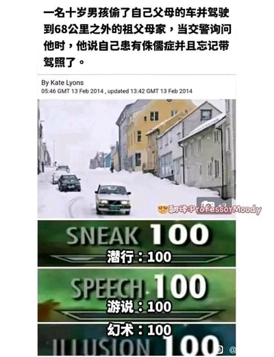 这是一张结合新闻事件与游戏梗的趣味改编图，整体为多图拼接的图文混排形式。上方是一则2014年的国外新闻，内容讲述一名十岁男孩偷开父母的车辆，行驶68公里前往祖父母家，被交警拦下询问时，谎称自己患有侏儒症且忘记携带驾照；中间是新闻配套的现场图片，呈现了积雪覆盖的街道上行驶的车辆；下方拼接了《上古卷轴》系列游戏中的角色技能等级界面，分别对应标注“潜行：100”“游说：100”“幻术：100”，用游戏中技能满点的设定，夸张地调侃男孩偷偷开走车辆的潜行能力、忽悠交警的游说与幻术能力，将离谱的新闻事件以玩梗的方式呈现，充满搞笑效果。