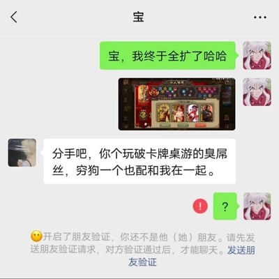 这是一张微信聊天记录的静态截图，聊天窗口备注为“宝”。头像是动漫角色犬夜叉的用户兴奋地向对方分享自己《三国杀》游戏解锁全部武将扩展包的截图，并配文“宝，我终于全扩了哈哈”；对方以灰发真人头像回应，用极其刻薄的语言提出分手：“分手吧，你个玩破卡牌桌游的臭屌丝，穷狗一个也配和我在一起。”随后该用户发送的消息旁出现红色感叹号，界面下方显示微信系统提示“开启了朋友验证，你还不是他（她）朋友。请先发送朋友验证请求，对方验证通过后，才能聊天。”，该用户随即发送一个问号，表达自己的疑惑与错愕。整个对话制造了强烈的反差感，是带有戏剧化效果的搞笑段子。