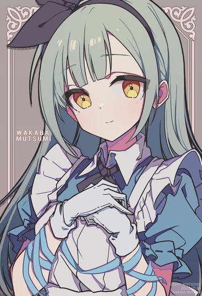 这是一张为《BanG Dream! It's MyGO!!!!!》中的角色若叶睦绘制的生日贺图，画面中若叶睦有着清新的薄荷绿长发，搭配深色蝴蝶结发饰，暖黄色的眼眸带着温和的笑意，双手戴着白色手套交叠在胸前，身着带有蓝白配色的精致制服，背景是带有欧式花纹的边框，整体画风细腻柔和，充满温馨的生日氛围。图中还标注了角色名“WAKABA MUTSUMI”以及生日日期“2025.01.14”，明确了这是为角色生日创作的贺图。
