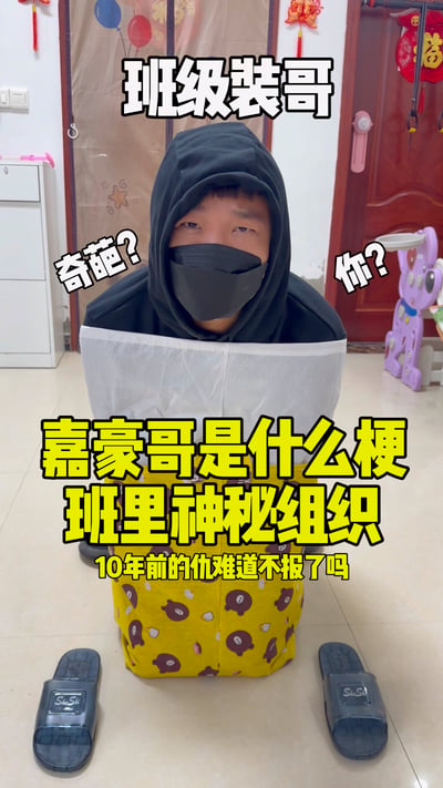 这是一张竖版真人实拍加文字叠加的玩梗图，拍摄场景为普通居民家中，背景可见贴有福字挂饰的房门、儿童玩具、白色储物柜等居家物品。画面中心的男子穿着黑色连帽卫衣，佩戴黑色口罩仅露出双眼，上半身套在白色布袋中，下半身套在印有卡通小熊图案的黄色布袋中，身前地面摆放着一双黑色拖鞋。图中叠加了多段醒目文字：顶部是白色粗字“班级装哥”，人物头部两侧分别是白色字“奇葩？”和“你？”，画面下方是黄色粗字“嘉豪哥是什么梗 班里神秘组织 10年前的仇难道不报了吗”，整体以夸张搞笑的形式引出“嘉豪”这个网络热梗。