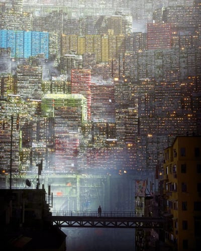 这是一幅展现未来赛博朋克风格的城市景观图。画面中是一座极其密集的巨型都市，无数高耸入云的摩天大楼层层叠叠，几乎填满了整个视野。建筑物呈现出多种颜色，包括蓝色、黄色、红色和绿色等，窗户中透出点点灯光，暗示着楼内有人活动。城市中弥漫着淡淡的雾气，增添了神秘和压抑的氛围。在图像的前景部分，有一座横跨的桥梁，桥上站着一个孤独的人影，与身后庞大的城市形成鲜明对比，凸显出个体在未来都市中的渺小感。整体色调偏向冷色系，带有明显的科幻和 dystopian 美学特征。