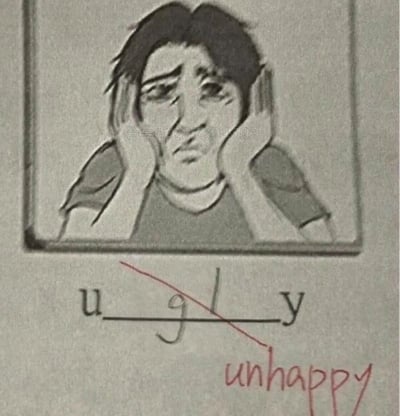 这是一张手绘风格的趣味梗图，画面上方是一个双手托住脸颊、眉头紧皱、嘴角下撇，神情沮丧低落的卡通人物，人物面部带有“分享群237694793”的水印。画面下方模仿英语作业的看图填单词形式，原本填写的单词“ugly（丑陋的）”被红笔划掉，旁边用红色手写标注了贴合人物情绪的单词“unhappy（不开心的）”，通过这种纠正单词的反差感制造出搞笑效果，让内容更贴合画面呈现的情绪。