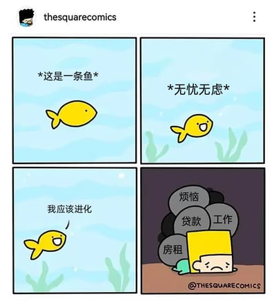 这是一幅四格卡通连环漫画，以拟人化的黄色小鱼为角色展开：第一格简单介绍画面中的黄色小鱼；第二格展示小鱼在水中无忧无虑、开心游动的状态；第三格小鱼萌生了“我应该进化”的想法；第四格画风突变，进化后的角色变成了人形，被写有“房租”“贷款”“工作”“烦恼”的石块重重压在身上，表情沮丧。漫画用幽默且扎心的方式，讽刺了当代成年人被各类生活与工作压力裹挟的无奈现状，引发受众共鸣。