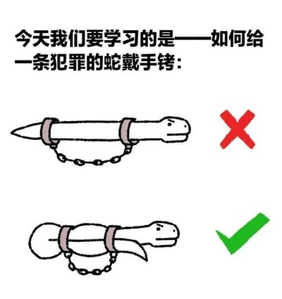 图片为幽默教程风格的卡通图，上方文字标题为“今天我们要学习的是——如何给一条犯罪的蛇戴手铐：”。图中包含两个卡通蛇戴手铐的对比示意图：上方蛇身呈直线状，手铐直接铐在身体中部，右侧配有红色叉号（表示错误示范）；下方蛇身呈盘绕状，手铐铐住其盘绕的身体部分，右侧配有绿色对勾（表示正确示范）。整体通过荒诞的“教程”形式制造笑点，属于无厘头幽默内容。