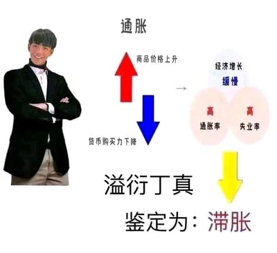 这是一张图文混排的趣味经济科普梗图，左侧是被修改了发型的丁真形象，人物身着黑色西装内搭白衬衫，双臂交叉抱于胸前，面带笑容。右侧是关于经济概念“滞胀”的逻辑推导：首先点明“通胀”会带来两种结果，红色向上箭头对应“商品价格上升”，蓝色向下箭头对应“货币购买力下降”；这两种通胀表现进一步发展，会导致“经济增长缓慢”“高通胀率”“高失业率”的局面；最后通过黄色向下箭头引出结论“鉴定为：滞胀”。图中使用了谐音梗“溢衍丁真”，是“一言定真”的谐音，模仿了网络上流行的“鉴定为XX”的趣味鉴定句式，将严肃的经济知识与网络热梗结合，降低了理解门槛，风格轻松诙谐。