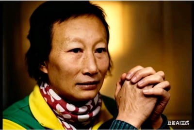 这是一张由豆包AI生成的静态肖像图，画面主体是一位中年女性，她留着短碎发，面部带着温和又略带忧虑的神情，双手交握放在身前。她身着黄绿拼接的上衣，脖子围着带有白色图案的红底围巾，背景是暖黄色的模糊光影，整体氛围沉静，给人一种带着期许的感觉。
