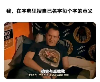 这是一张图文混排的搞笑梗图，上方配有文字“我，在字典里搜自己名字每个字的意义”，下方是一张欧美男性的影视截图，男子瘫坐在靠垫上，带着微妙的认同表情，嘴角上扬，眼神戏谑，图中配有中文台词“确实有点像我”和对应的英文台词。该梗图用这个场景精准调侃了人们在字典里查询自己名字的字义后，发现字义描述和自身特质意外贴合时，那种微妙又认同的心情，通过日常常见的行为结合影视截图的表情，引发观者的共鸣，充满趣味。