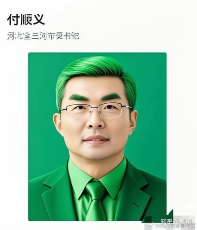 这是一张针对河北省三河市委书记付顺义的官方肖像进行恶搞创作的图片，将人物的头发、眉毛、西装、衬衫、领带以及背景全部修改为统一的绿色，形成了极具视觉冲击力的全绿形象，保留了原肖像中人物正面看向镜头的姿态和温和的面部表情，整体风格戏谑搞笑，属于网友玩梗的恶搞内容。