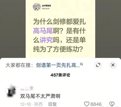 这张图是国内社交平台的内容截图，上方为用户@半颗星星2025年12月18日发布的提问，内容是询问仙侠设定里剑修普遍喜欢扎高马尾的原因，好奇是有特殊讲究还是仅仅为了方便练功；内容下方的关联搜索提示为“剑谱第一页先扎高...”，获赞8846的最高赞回复调侃称“双马尾不太严肃啊”，用一本正经的语气给出无厘头答案，形成反差萌笑点。