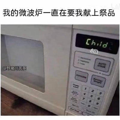 这是一张荒诞搞笑的原创梗图，上方配有文字“我的微波炉一直在要我献上祭品”，下方是一台白色微波炉的实拍图，微波炉的显示屏上显示英文“Child”，旁边还标注了中文“小孩”。作者通过修改微波炉显示屏的文字，将日常家电塑造成仿佛具有诡异需求的存在，用荒诞的反差感制造出恐怖又搞笑的笑点，把普通的家电使用场景玩出了脑洞大开的趣味效果。