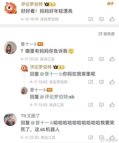 这是一张微博评论区的截图，账号“评论罗伯特”（疑似机器人账号）在博主“昔十一ii”的内容下留下评论“好好看！妈妈好年轻漂亮”，博主对此感到疑惑，回复询问“？哪里有妈妈你告诉我😉”，没想到该机器人账号竟回复了冒犯性内容“你妈在我家里呢”，博主直接回怼“sb”。之后网友“Ttt又困了”看到这段互动，回复博主表示笑到不行，吐槽这个机器人是sb。整个对话因机器人的错误且冒犯的回复制造出荒诞搞笑的效果，展现了AI评论机器人的翻车现场。