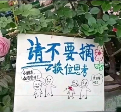 这是一张悬挂在绿植花丛中的手绘提示牌，牌面以蓝色手写字体标注核心标语“请不要摘 换位思考”，并搭配了拟人化的简笔画漫画：左侧画面是一位大人笑着摸小孩的头，夸赞“小朋友，好可爱呀！”；右侧画面是一位大人将小孩的头（隐喻花朵）摘下，说着“带回家吧！”，被摘走“头”的小孩痛苦哭泣。牌面右侧还手绘了一朵小花，通过将花朵拟作小朋友的换位思考方式，生动地呼吁人们不要采摘花朵，共情花卉被采摘的“痛苦”，画风简单直白，极具感染力，背景中可以看到真实的绿色植物和粉色花朵，提示牌的场景设定在户外有花卉的区域。