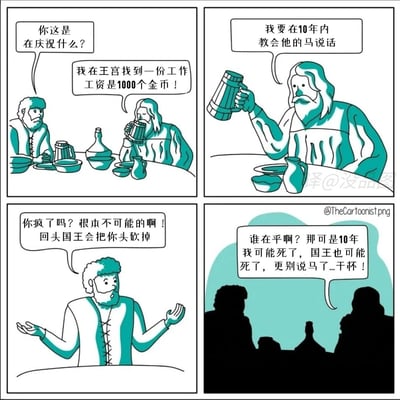 这是一幅充满黑色幽默的四格卡通漫画：第一格中，一位胡子男子在酒馆向正在举杯庆祝的友人发问，友人告知自己在王宫找到了一份年薪1000金币的工作；第二格，庆祝的友人说明这份工作的内容是在10年内教会国王的马说话；第三格，询问的男子大惊失色，认为这是完全不可能完成的任务，最终会被国王砍头；第四格，庆祝的男子却满不在乎地表示，10年的时间里，自己、国王甚至那匹马都有可能已经离世，根本不用担心完不成任务的惩罚，随后便继续举杯。漫画用荒诞的职场任务设定，讽刺了用时间来规避责任与惩罚的投机心态，笑点十足。