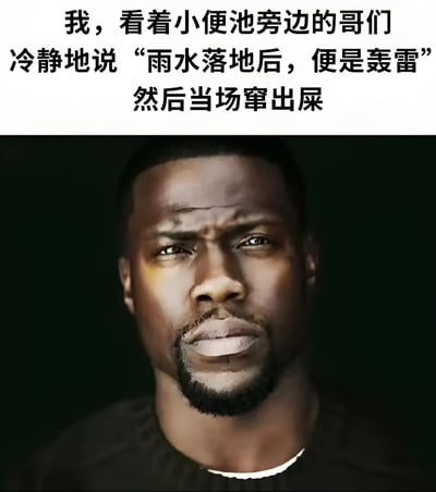 图片上半部分是黑色文字：“我，看着小便池旁边的哥们 冷静地说 '雨水落地后，便是轰雷' 然后当场窜出屎”。下半部分是一位表情困惑的黑人男性的特写照片，他眉头微皱，嘴巴微张，眼神中带着不解。图片通过将严肃的表情与荒诞的文字内容结合，产生幽默效果。
