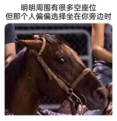 这是一张贴合日常社交情绪的搞笑表情包，图片主体是一匹棕色的马，它瞪大双眼，神情中满是震惊、迷惑与无语，仿佛正处于一种不解的情绪中。图片上方配有文字“明明周围有很多空座位但那个人偏偏选择坐在你旁边时”，精准描绘了生活中常见的尴尬场景：当周围存在大量空余座位时，有人却偏偏选择坐在自己身旁，这种不合常理的选择会让不少人尤其是社恐人群感到不适与困惑，马的夸张神情将这种内心的情绪生动地外化出来，极易引发观者的共鸣，适合用来调侃或表达这种时刻的无语心情。