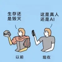 这是一张上下分栏的对比卡通梗图，左侧是身着类似哈姆雷特服饰的卡通人物，手托骷髅头，配文“生存还是毁灭”，代表过去人们面临的哲学层面终极思考；右侧是手持手机的现代卡通人物，配文“这是真人还是AI”，调侃AI技术普及后，人们分辨真实与虚拟的新困扰。通过跨时代的困惑对比，展现了科技发展带来的大众思考方向转变，风格诙谐幽默。