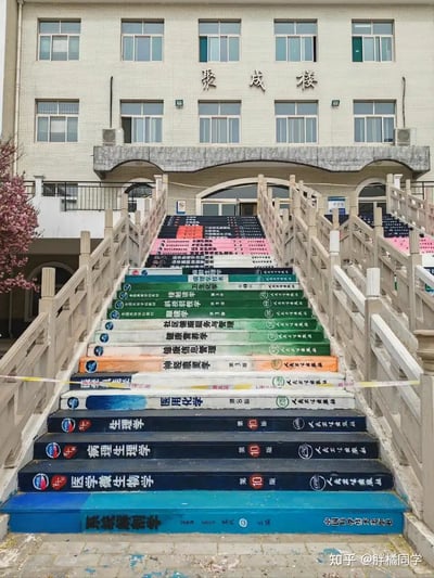 这张图片展示了一栋名为“成政楼”的教学楼，其前方的楼梯被涂成了许多书本的模样，每一级台阶都绘有类似书脊的设计，模拟书籍堆叠的效果，书名多与学习、励志和中考等内容相关，颇具创意。整体看上去像学生踏着知识台阶走向知识殿堂，寓意通过学习步步高升，是以正能量和励志为主题的校园布置。
部分书名和校园励志用语存在谐音梗或励志暗示。