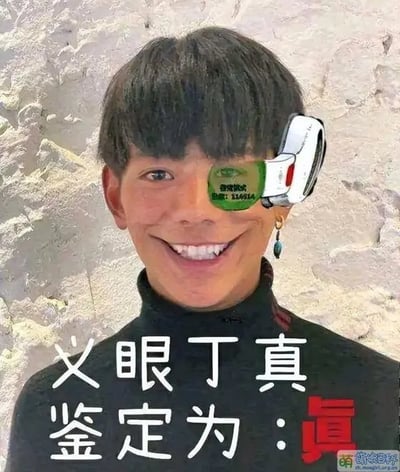 本图为“一眼丁真”系列梗图代表作。画面为丁真的正面照，配上龙珠侦测器造型道具，底部大字写着“义眼丁真 鉴定为：真”。这类图片常用来讽刺真假难辨的网络流量事件，通过“义眼”与“一眼”谐音、加之带侦测仪之装置，玩味鉴宝式语气，将“判断真伪”的网络热梗可视化。下方大红“真”字醒目，增添反讽氛围。该梗具有强烈的网络自我调侃、反话式表达和格式化再造属性，极易产生大量衍生变体。