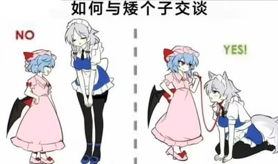 这是一张左右分栏的搞笑反差梗图，围绕“如何与矮个子交谈”的主题展开。左侧标注“NO”的场景中，《东方Project》的十六夜咲夜弯腰俯身和矮个子的蕾米莉亚·斯卡蕾特对话，蕾米莉亚叉腰面露愤怒；右侧标注“YES!”的场景里，十六夜咲夜被添加了兽耳和尾巴，像宠物一样四肢着地，被蕾米莉亚用绳子牵着，蕾米莉亚则摆出得意的姿态。这是粉丝用东方角色对经典梗图模板的二次创作，通过夸张戏谑的方式调侃矮个子希望对方完全放低姿态的趣味设定，没有双关或谐音梗。