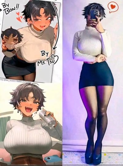 图片左侧为三张动漫插画，右侧为一张真人cosplay照片。动漫插画中是一位短发女孩，穿着白色高领毛衣和黑色短裙，表情开心。上方插画中她抱着一个迷你版的自己，旁边有"By Bon!!"字样和爱心图案；中间有"By Ms.Tsu"字样和爱心符号；下方插画中她正在喝饮料，有液体溅出。右侧真人coser穿着相同服装，正在自拍，姿势与动漫角色相似，头顶有爱心图案。