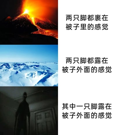 这是一张由三张图拼接而成的梗图，用三种极端场景来类比睡觉时脚部不同状态的感受：第一张图是喷发的火山，岩浆流淌，对应“两只脚都裹在被子里的感觉”，传递出温暖甚至有点燥热的体验；第二张图是一片冰雪覆盖的极地冰原，对应“两只脚都露在被子外面的感觉”，精准表现出寒冷刺骨的感受；第三张图是昏暗房间里的诡异黑影，双眼发光，对应“其中一只脚露在被子外面的感觉”，把一只脚暖一只脚冷的纠结、不安又诡异的体验具象化，非常贴切地还原了很多人睡觉时的真实小困扰，用夸张的场景放大日常感受，充满趣味性。