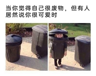 这是一张左右对比的图文混排趣味梗图，上方配有文字“当你觉得自己很废物，但有人居然说你很可爱时”。左侧画面展示了户外水泥地面上摆放的两个黑色带轮垃圾桶，给人一种普通“废物容器”的直观感受；右侧画面则揭晓了视觉悬念，其中一个“垃圾桶”其实是穿着同款垃圾桶造型服装的小孩，小孩从服装的头套部分露出脸，面带开心的笑容，站在旁边的真垃圾桶旁，形成有趣的视觉错位。这张图用垃圾桶象征“废物”的自我否定认知，而藏在里面的可爱小孩则对应被他人夸赞“可爱”的正向评价，精准地描绘出当人处于自我怀疑、自我否定的状态时，突然得到他人肯定和夸赞的那种惊喜、羞涩又温暖的情绪反差，通过趣味的视觉效果放大了这种情绪的感染力。