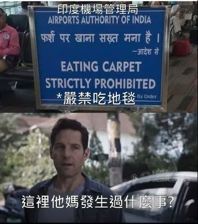 图片由上下两部分拼接而成。上半部分是印度机场管理局的蓝色标牌，上面有英文“EATING CARPET STRICTLY PROHIBITED”、印地语文本及中文翻译“*嚴禁吃地毯”，标牌内容因“吃地毯”这一荒谬禁令显得十分滑稽。下半部分是一名男子（疑似电影《蚁人》中的斯科特·朗）的影视截图，他表情困惑，画面上方配有中文文字“這裡他媽發生過什麼事?”，进一步放大了标牌带来的荒诞感。整体通过反差和疑问营造出搞笑效果。