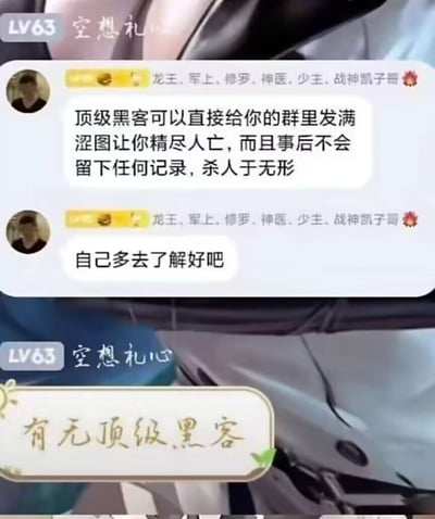 这是一段社交群聊的截图，用户「空想礼心」在群内询问“有无顶级黑客”，另一位带有「龙王、军上、修罗、神医、少主、战神凯子哥」一串夸张头衔的用户回复，声称顶级黑客可以往群里发满涩图，让人“精尽人亡”且事后不会留下任何记录，美其名曰“杀人于无形”，还让提问者“自己多去了解”。这段对话将黑客的技术能力与荒诞离谱的“杀人”方式结合，充满无厘头的搞笑感，是网友玩梗整活的产物。